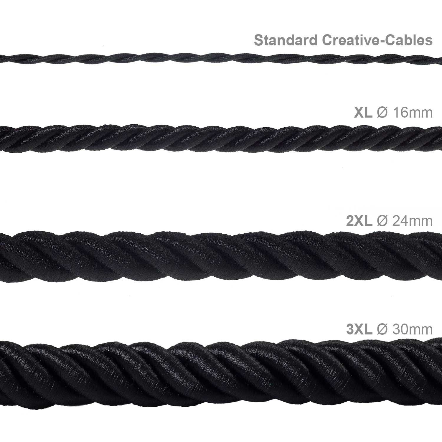 XL kábel, elektromos vezeték 3x0,75. Fényes fekete műselyem borítás. Átmérő 16mm.