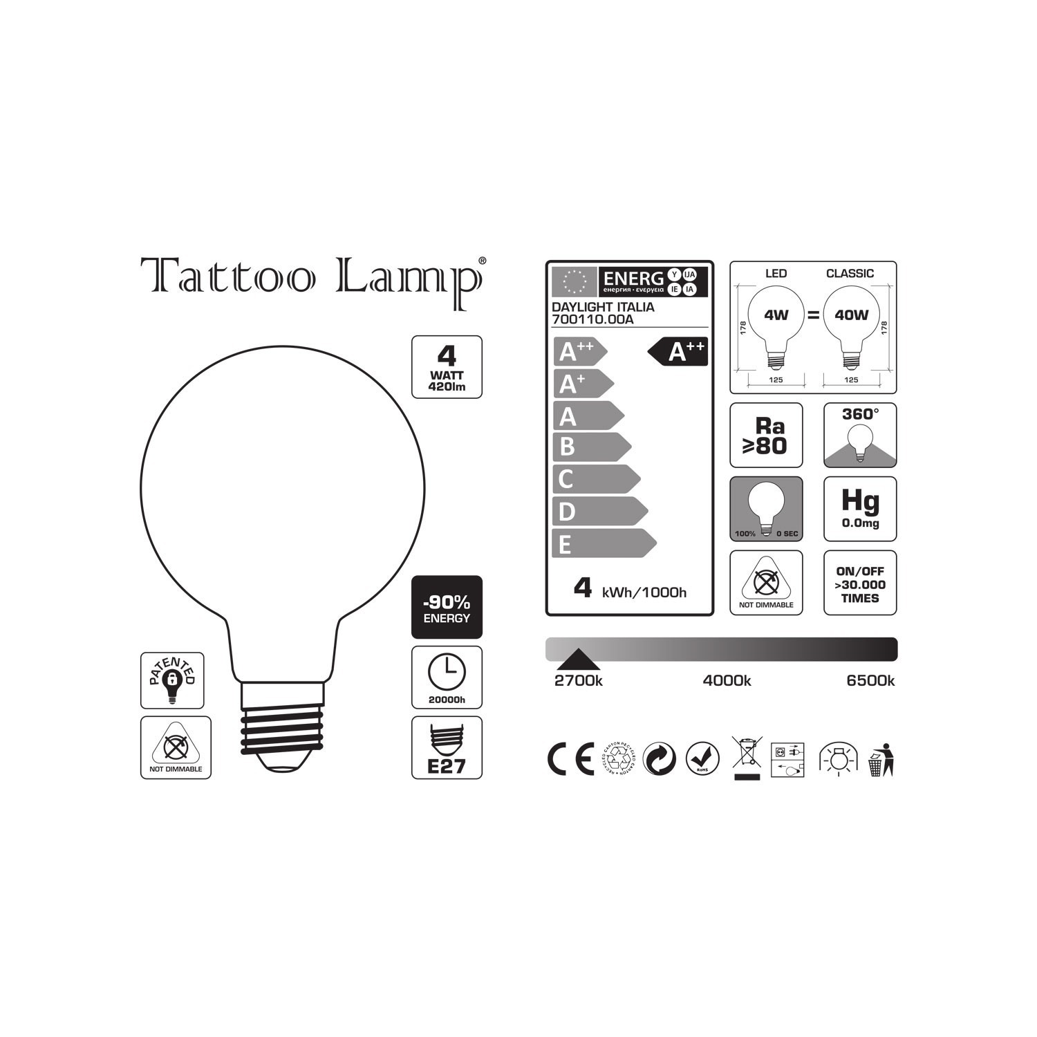 LED izzó Gömb G125 rövid izzószállal - Tattoo Lamp® Csók 4W E27 2700K