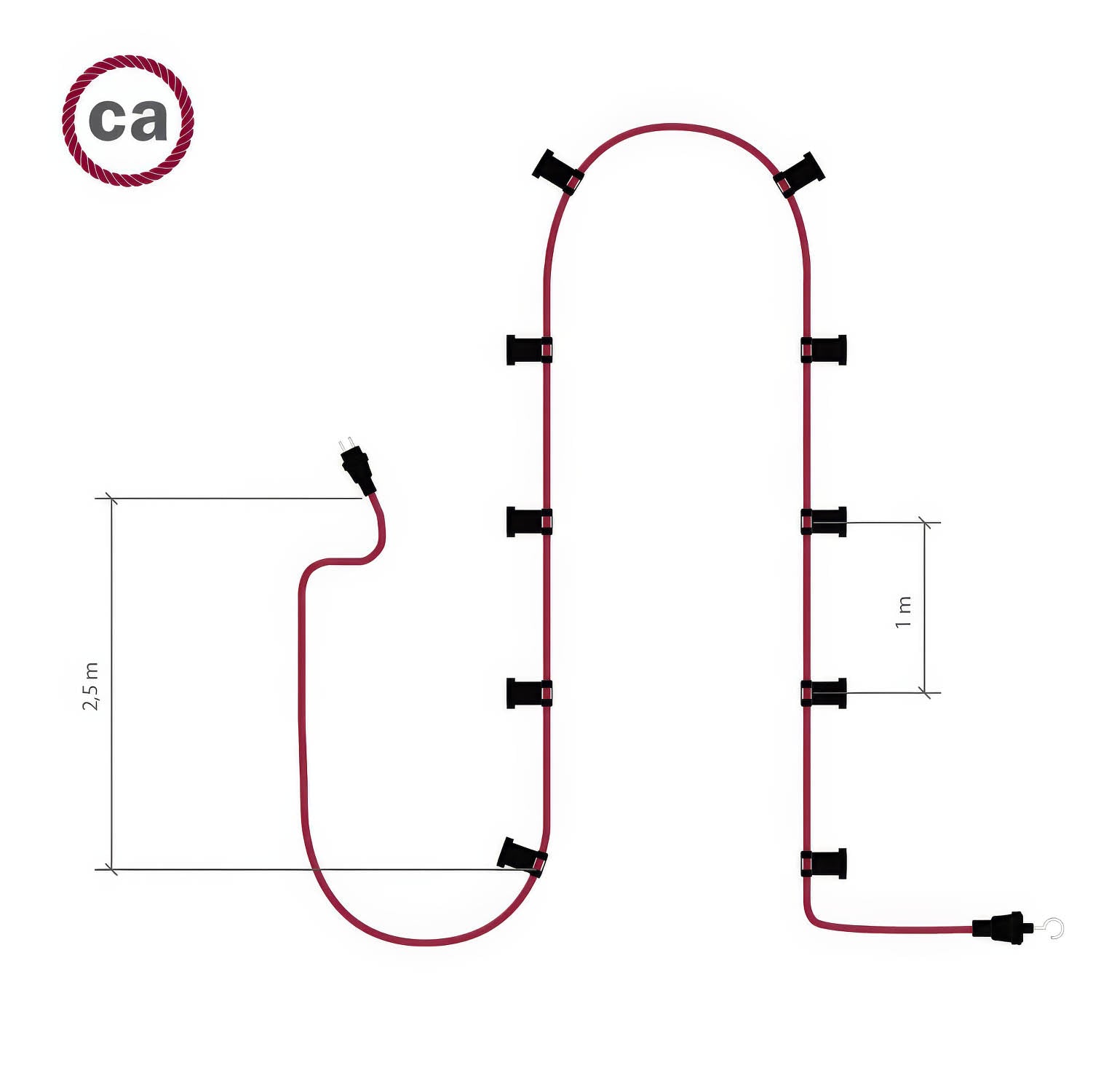 Catenaria Sistema Lumet da 12,5 m con cavo tessile CF10, 10 portalampada, gancio e spina bianchi