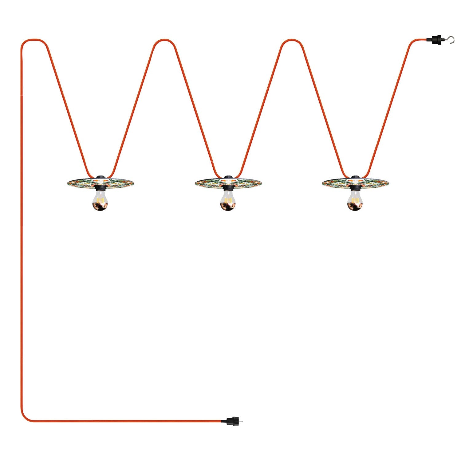 Catenaria Sistema Lumet 'Maioliche' da 10 m con cavo tessile, 3 portalampada e paralumi Rosso e Verde, gancio e spina nera