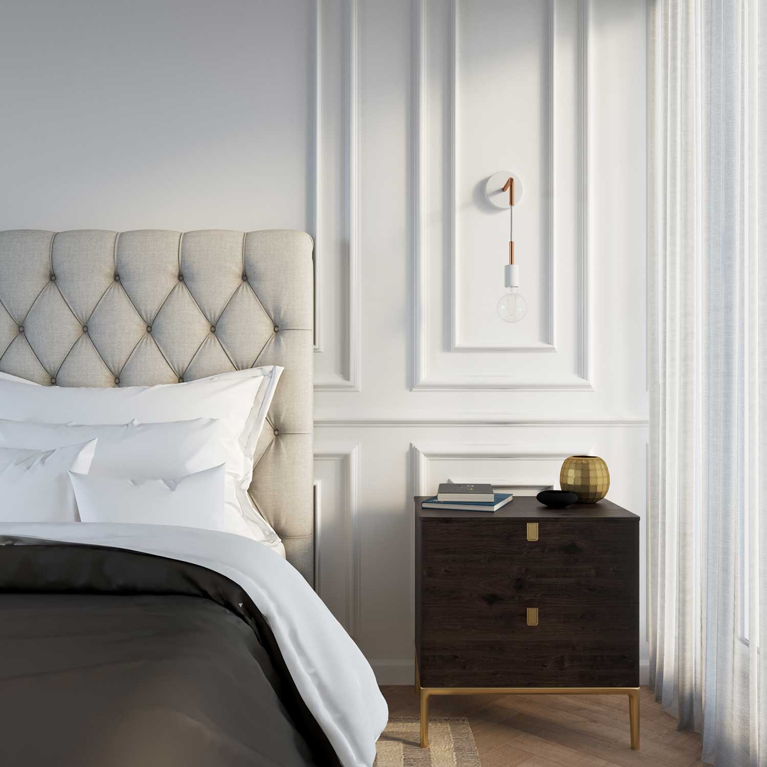 Fermaluce Metal, lampada a muro con estensione curva, cavo tessile e finiture in metallo - Rame