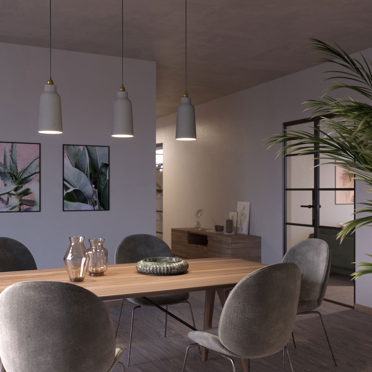 Lampada a sospensione completa di cavo tessile, paralume Bottiglia in ceramica e finiture in metallo - Effetto cemento