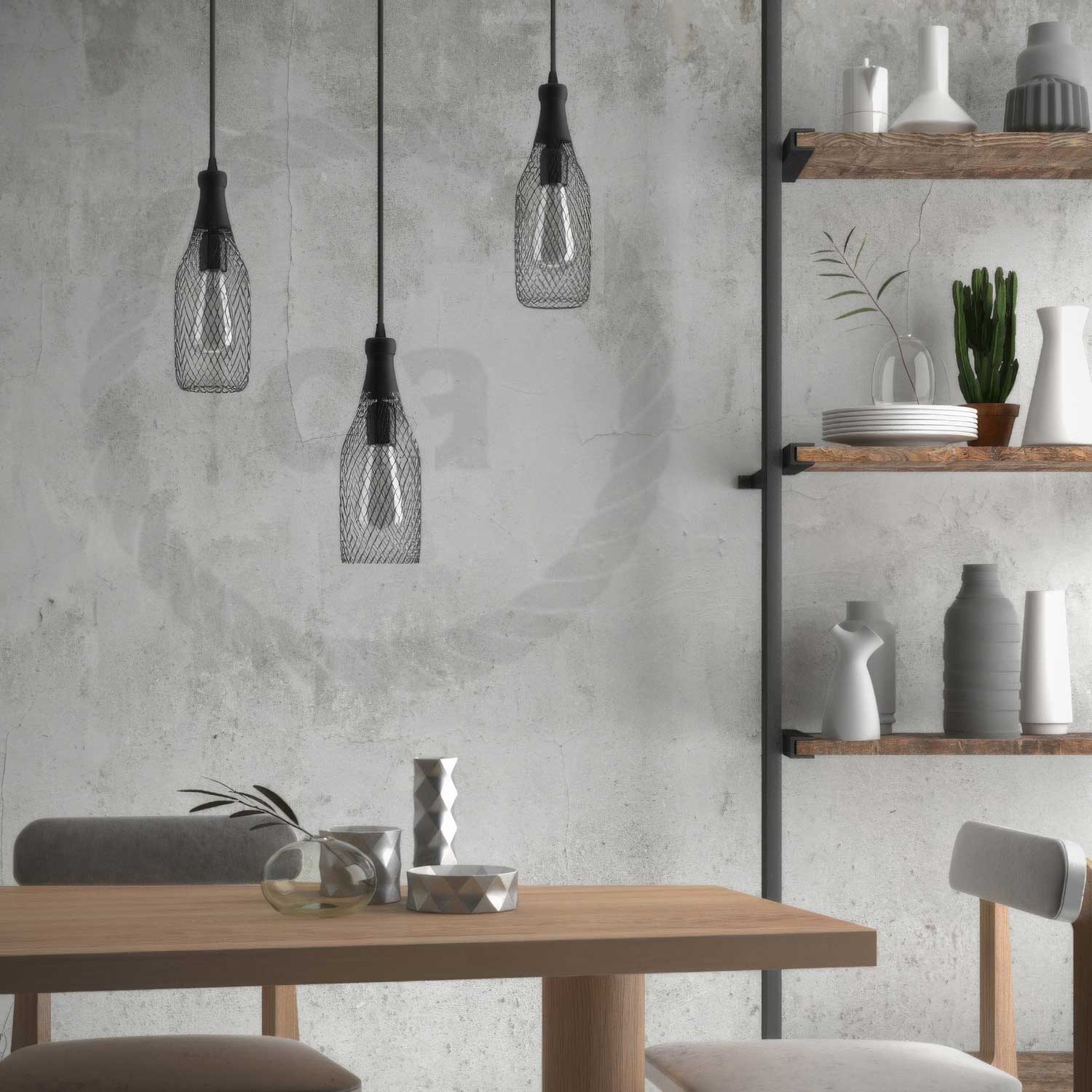 Lampada a sospensione completa di cavo tessile, paralume bottiglia Magnum e finiture in metallo - Nero