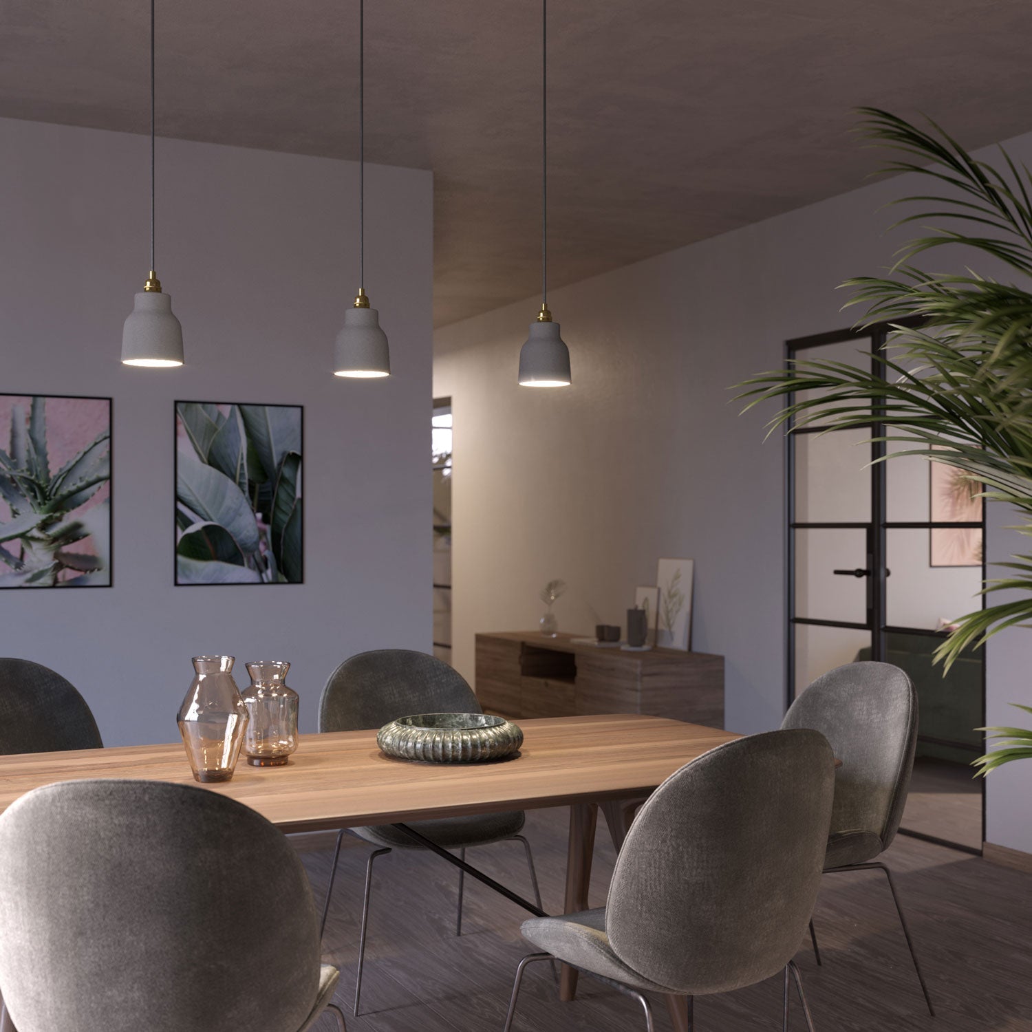 Lampada a sospensione completa di cavo tessile, paralume Vaso in ceramica e finiture in metallo - Effetto cemento