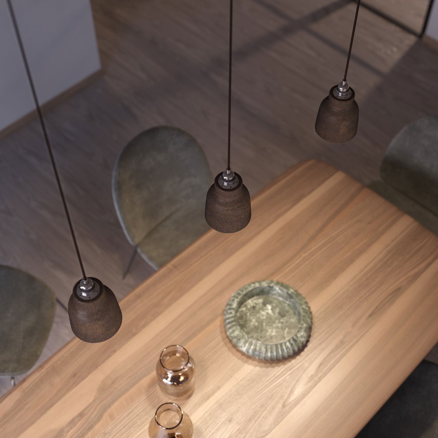 Lampada a sospensione completa di cavo tessile, paralume Vaso in ceramica e finiture in metallo - Effetto corten