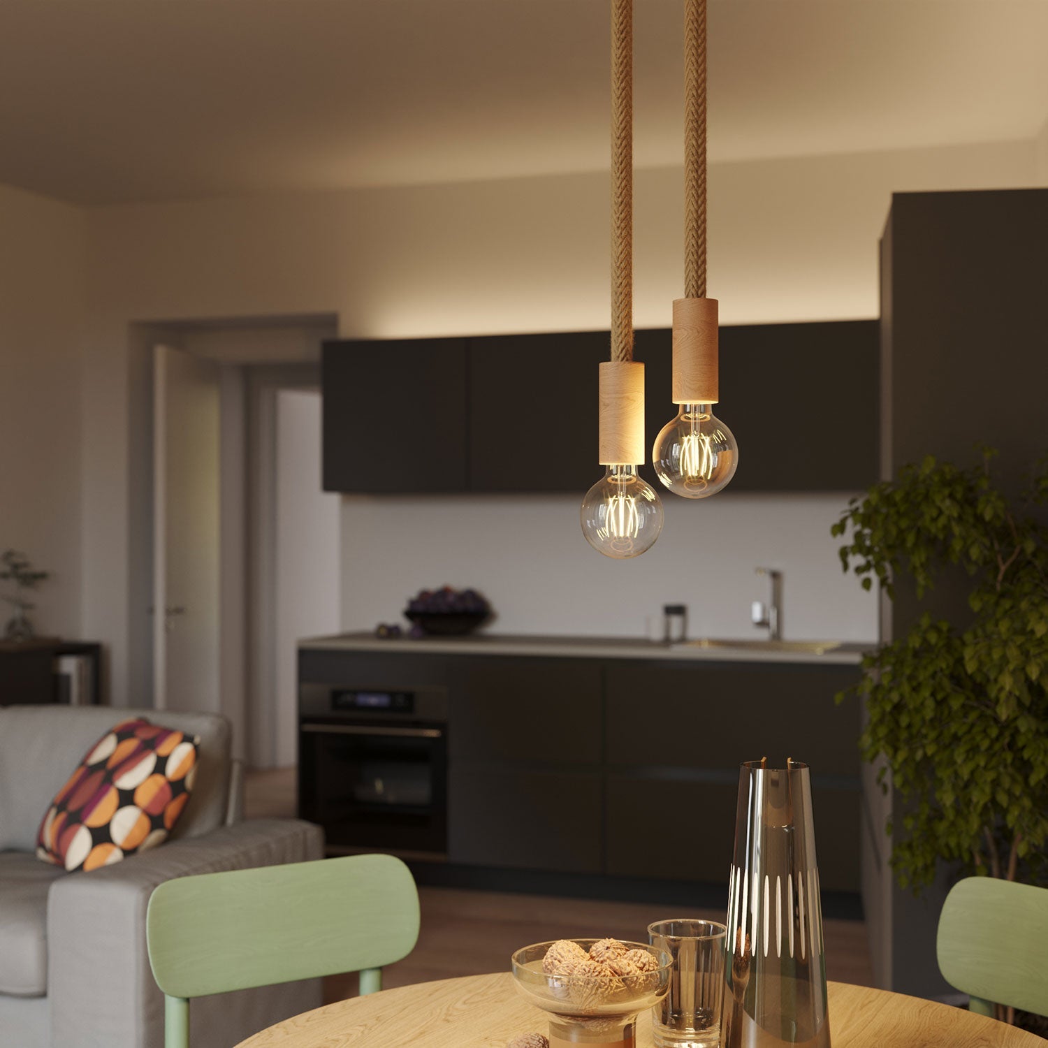 Lampada a sospensione multipla a 2 cadute completa di cordone 2XL e finiture in legno - Neutro