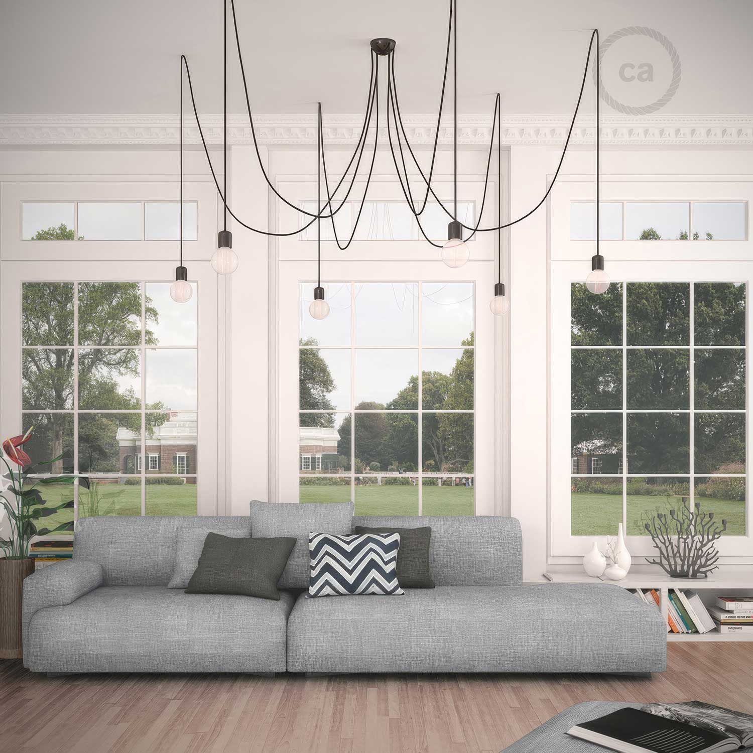 Lampada a sospensione multipla a 6 cadute con finiture in ceramica colorata - Nero