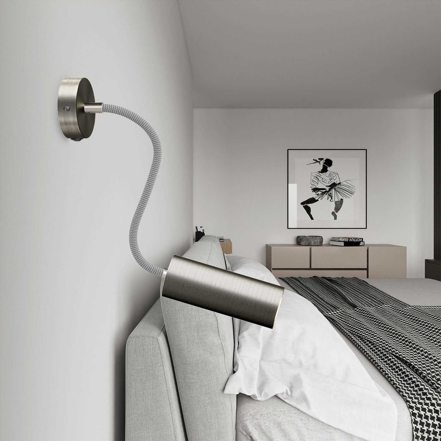 Lampada Fermaluce Flex 30 con mini rosone con interruttore e faretto con paralume Tub-E14 - Titanio satinato