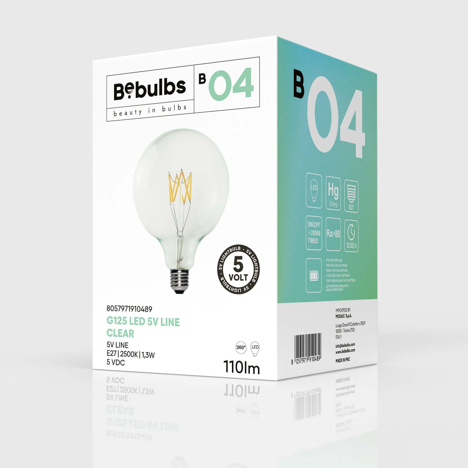 Lampadina LED Trasparente Linea 5V filamento corto Globo G125 1,3W 110Lm E27 2500K Dimmerabile - B04