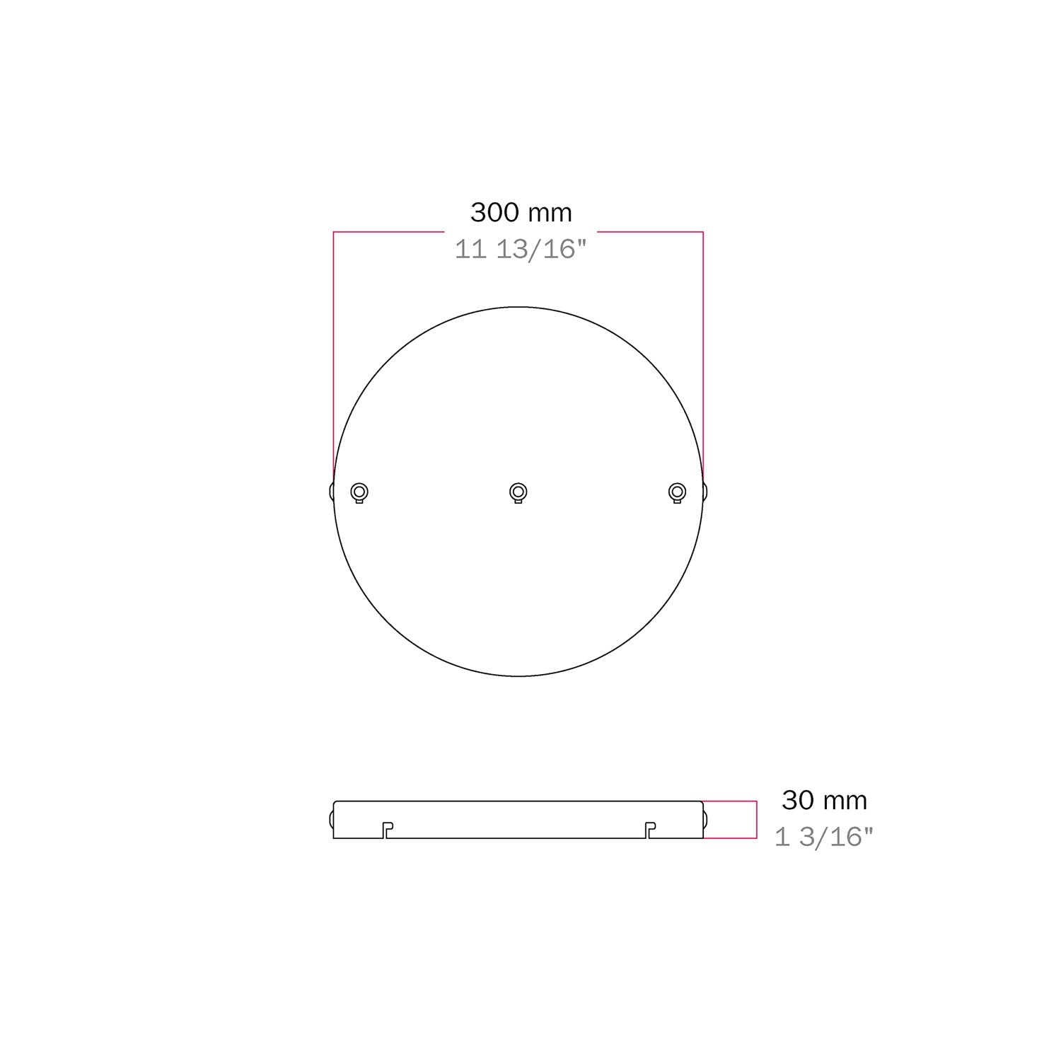 Rosone rotondo in alluminio Ø 30 cm con staffa e cavo di messa a terra, con 3 fori frontali - Bianco Opaco 2