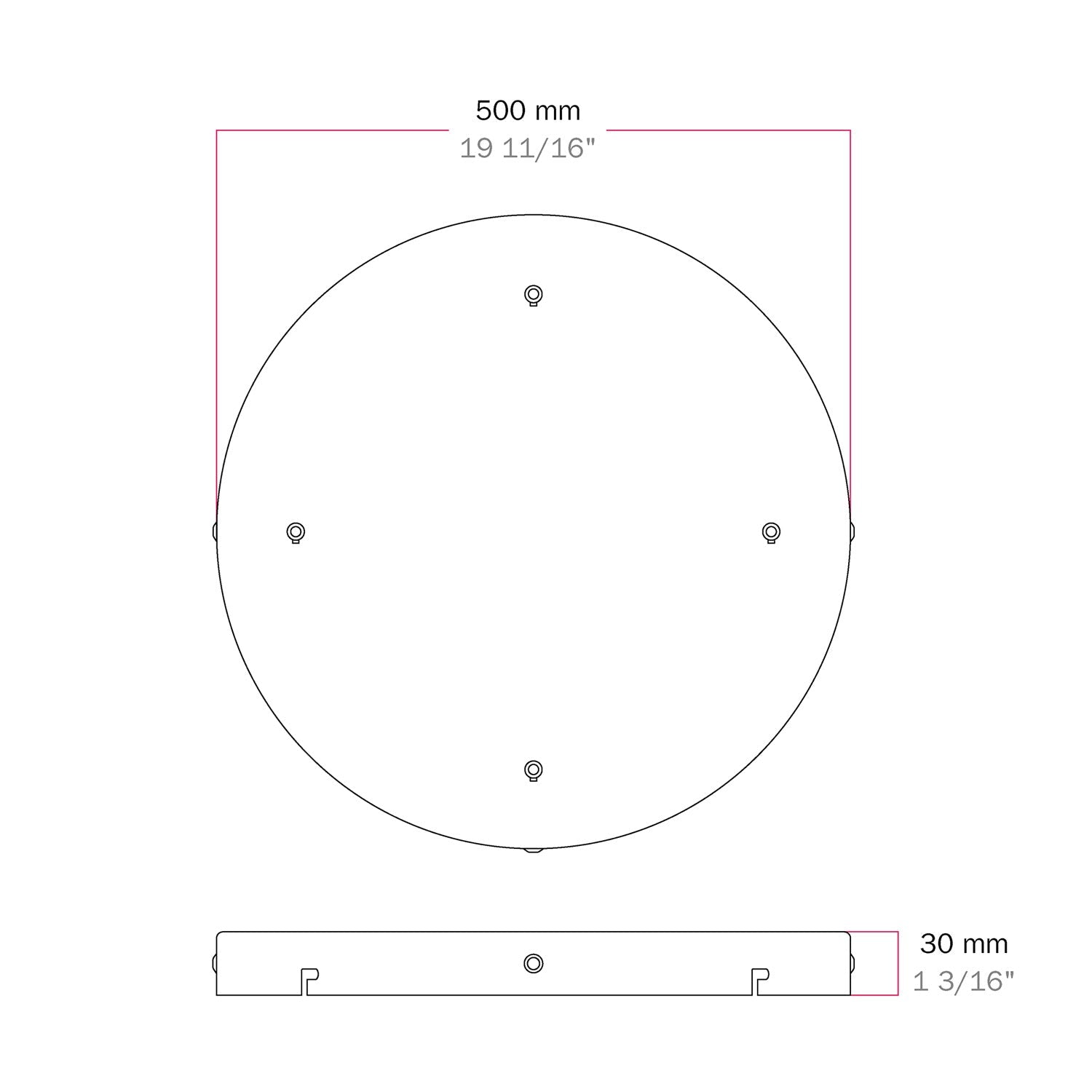 Rosone rotondo in alluminio Ø 50 cm con staffa e cavo di messa a terra, con 4 fori frontali - Bianco Opaco 3