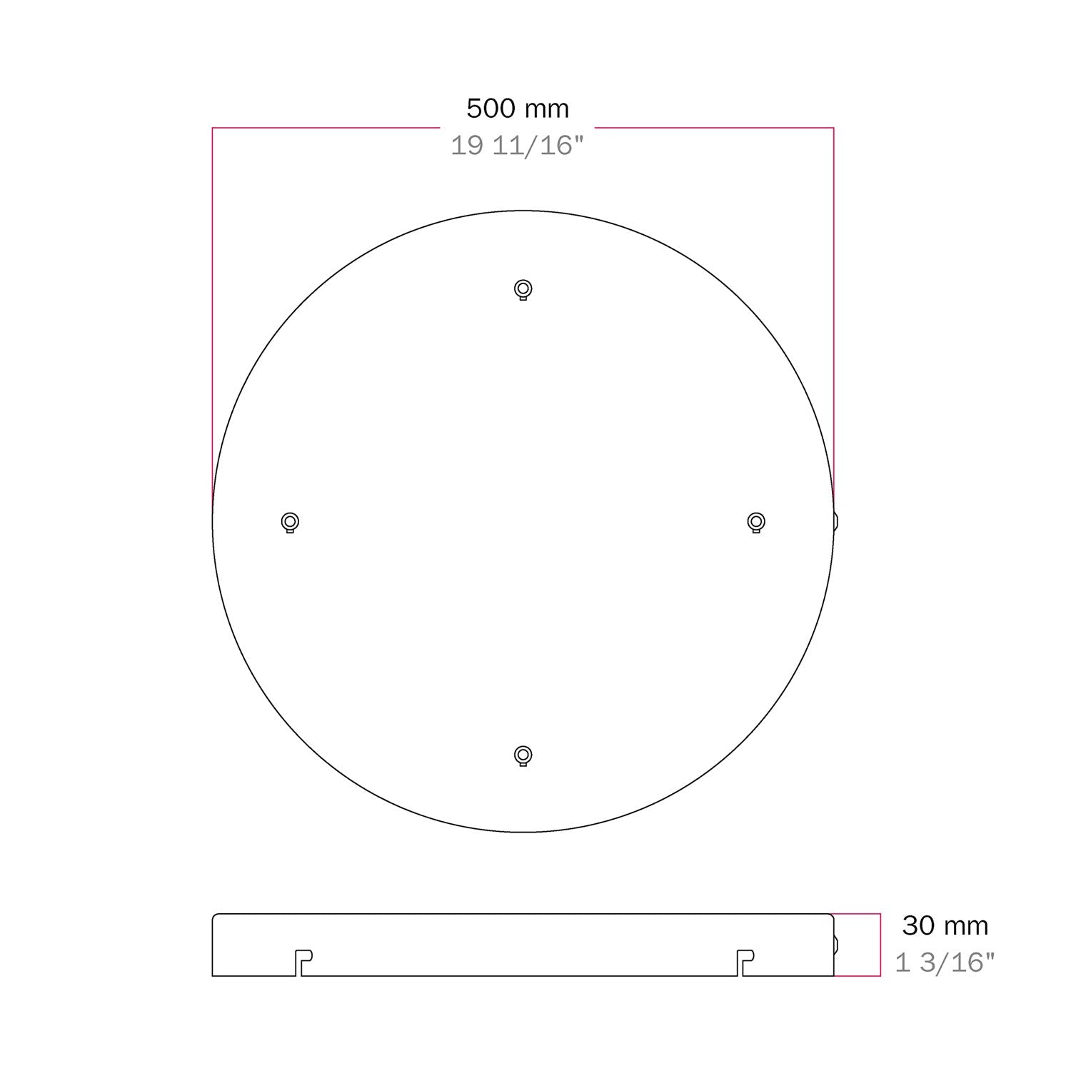 Rosone rotondo in alluminio Ø 50 cm con staffa e cavo di messa a terra, con 4 fori frontali - Bianco Opaco 1