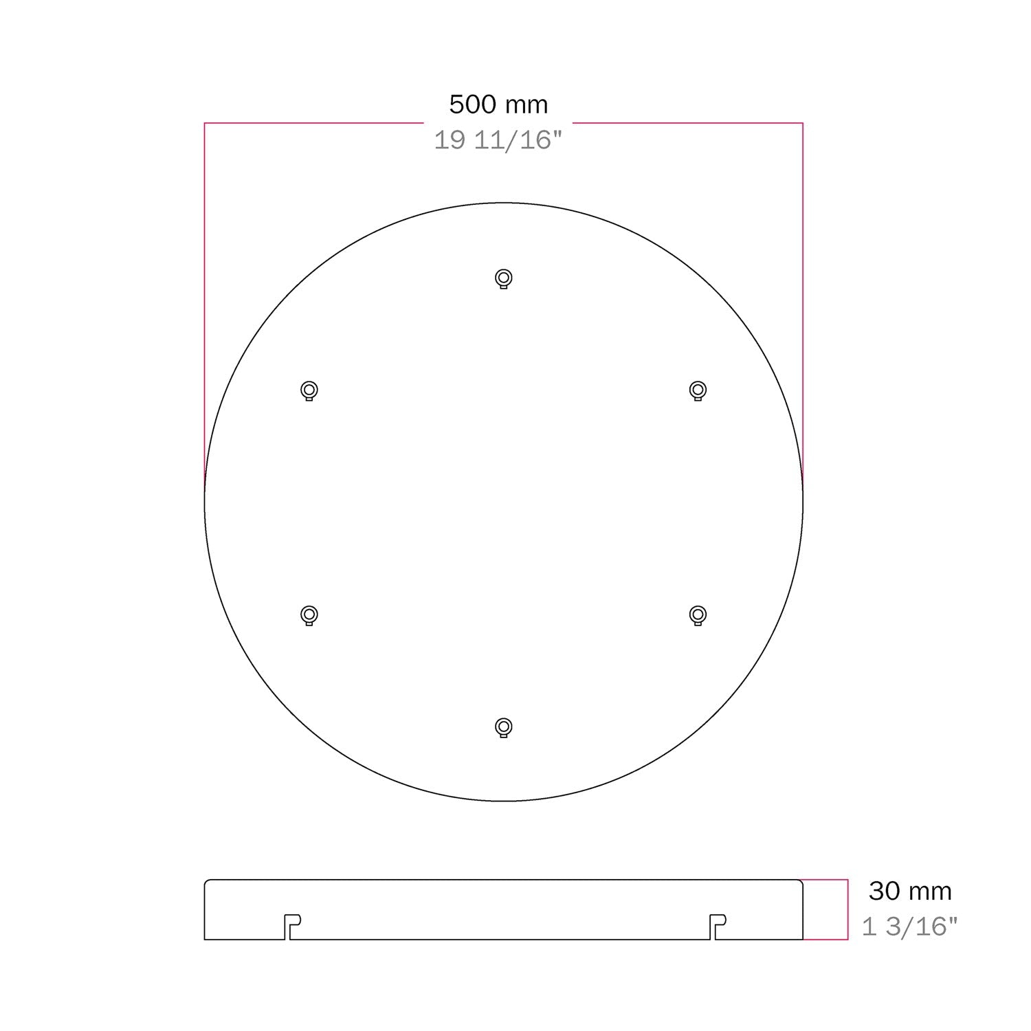 Rosone rotondo in alluminio Ø 50 cm con staffa e cavo di messa a terra, con 6 fori frontali - Bianco Opaco 0