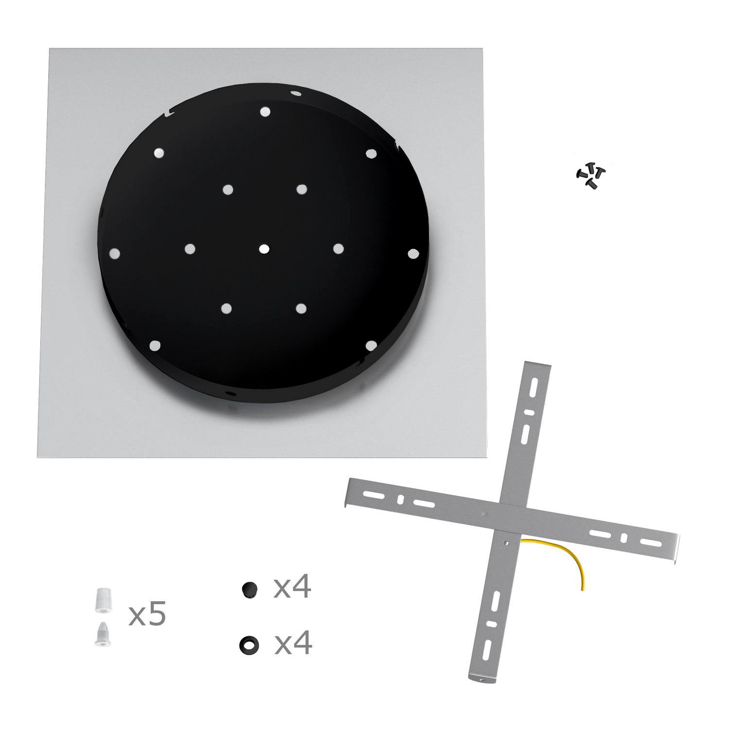 Rosone XXL Rose-One quadrato, 400 mm con 5 fori in linea e 4 fori laterali - Bianco opaco Nero