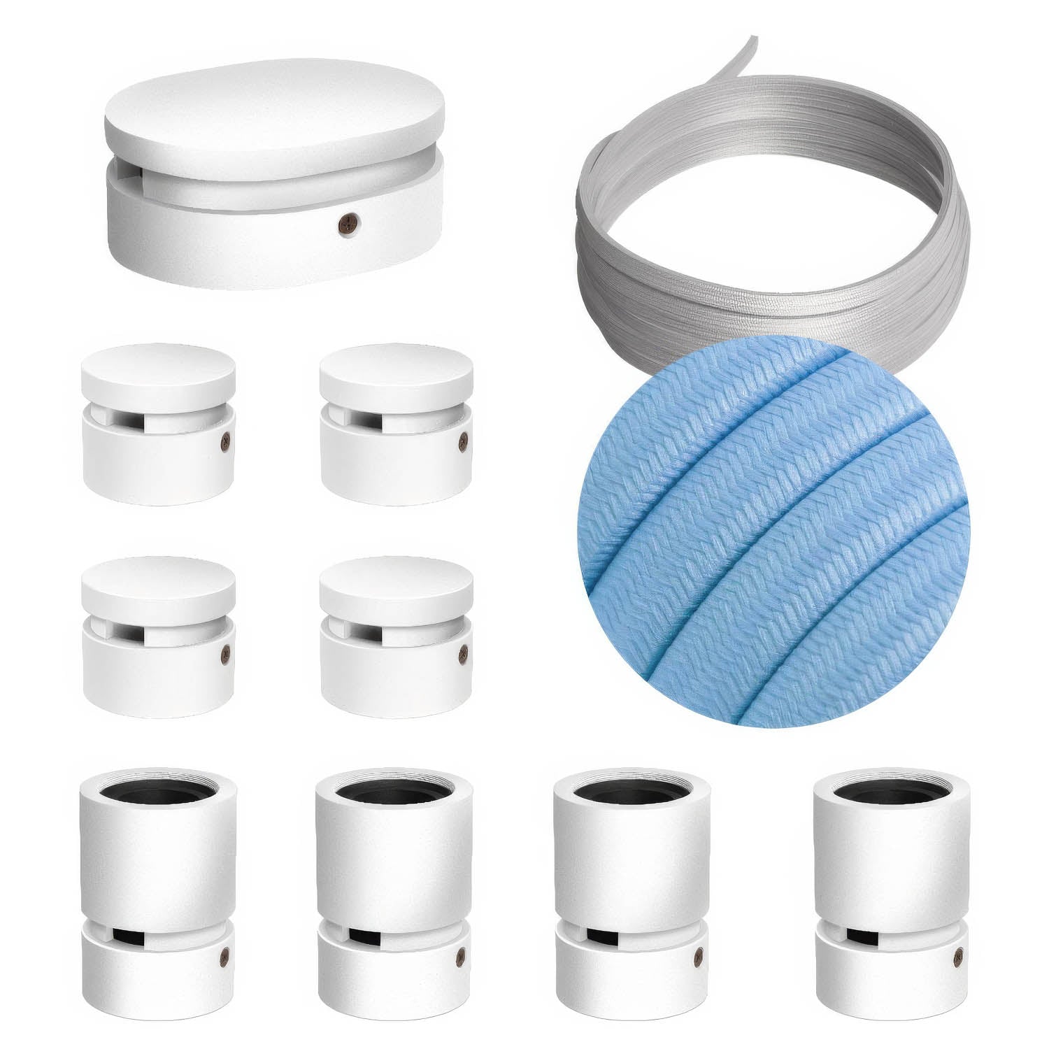 Sistema Filé Symmetric Kit - con cavo CM17 di 5 m per catenaria e 9 componenti in legno verniciato bianco per interni