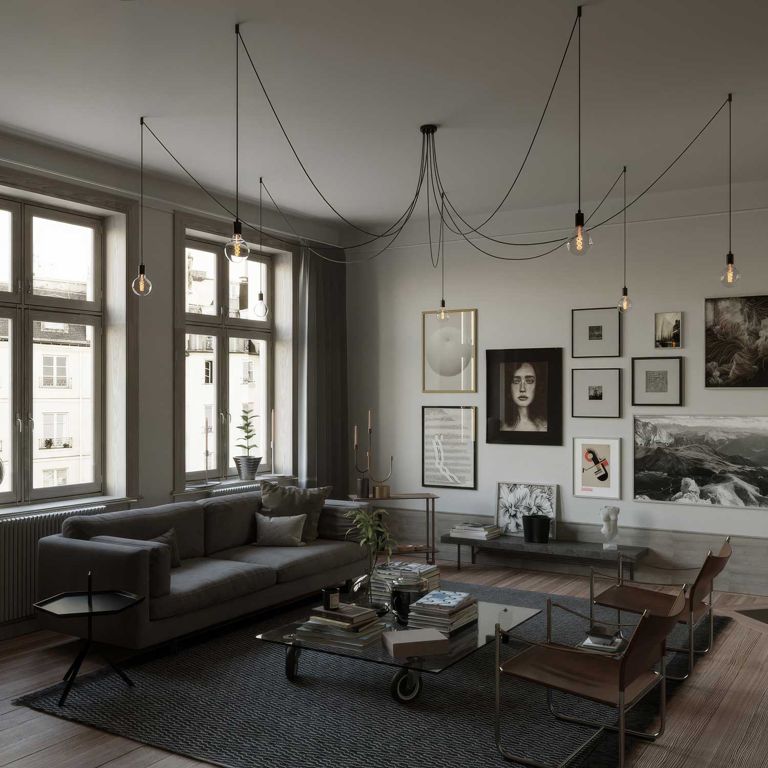 Spider - Lampada a sospensione multipla a 7 cadute con finiture in metallo - Nero