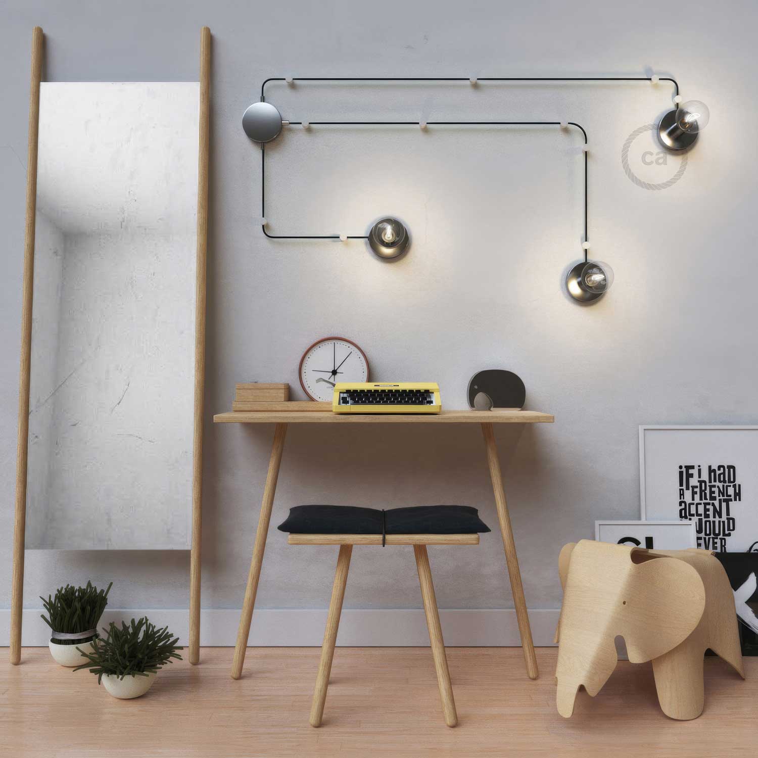 Spostaluce, il punto luce in metallo completo di cavo tessile e fori laterali - Cromo